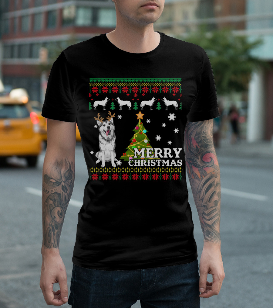 Merry Christmas Siberian Husky UglyChristmas Snowflakes Tree Reindeer Antlers T-Shirt