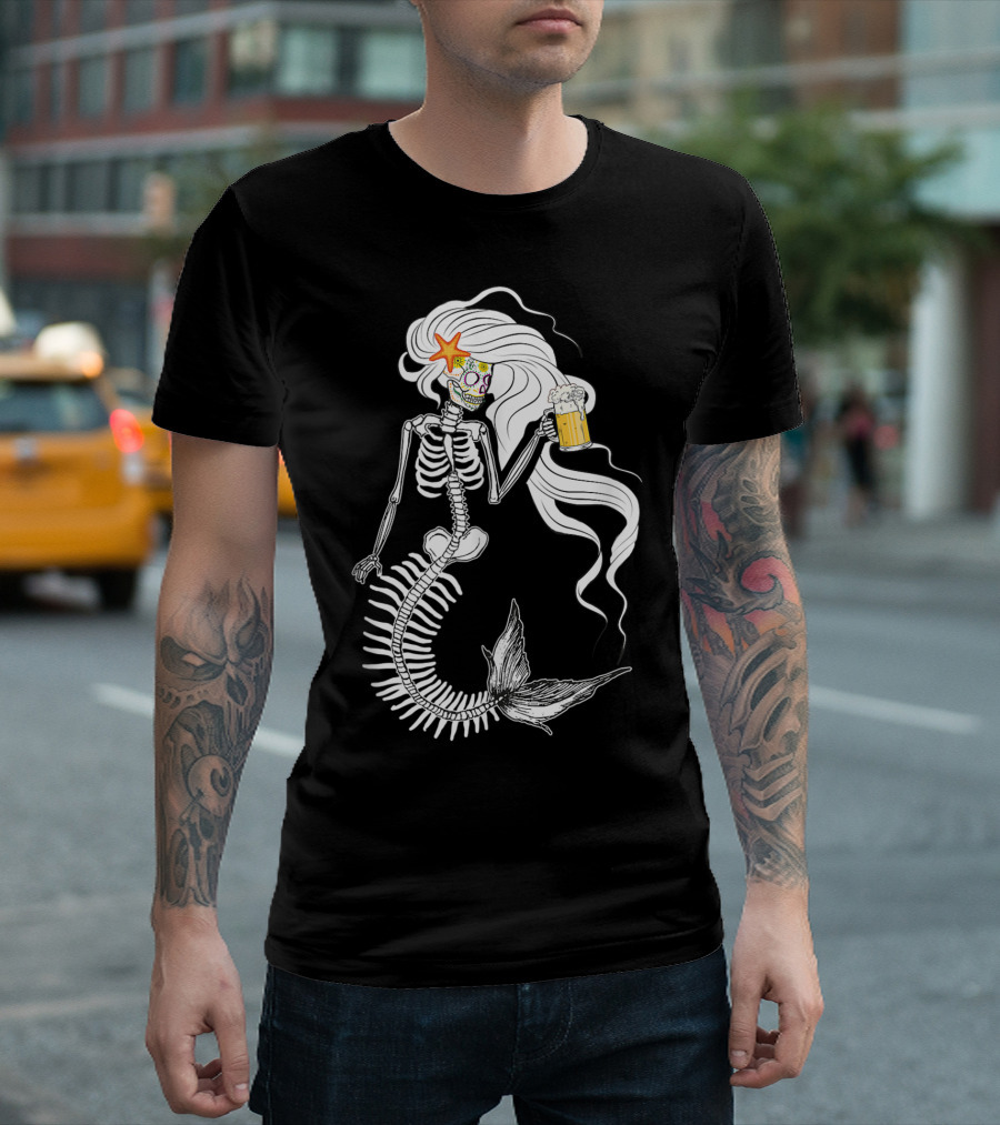 Skeleton Mermaid Sugar Skull Starfish Beer T-Shirt