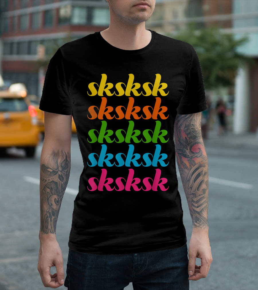 Sksksk Yellow Orange Green Blue Pink Repeated Text T-Shirt