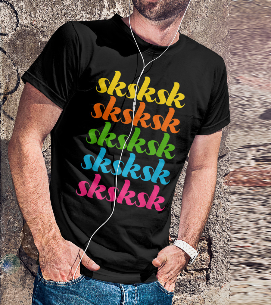 Sksksk Yellow Orange Green Blue Pink Repeated Text T-Shirt