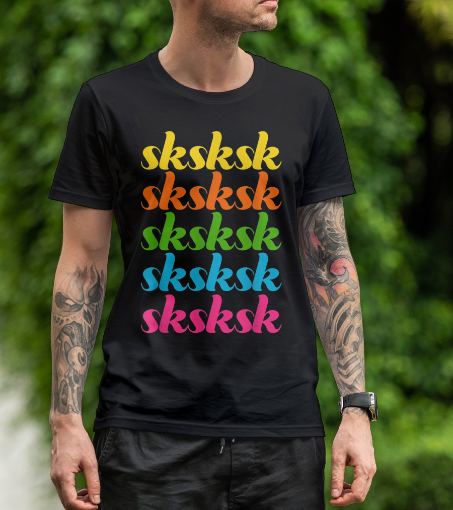 Sksksk Yellow Orange Green Blue Pink Repeated Text T-Shirt