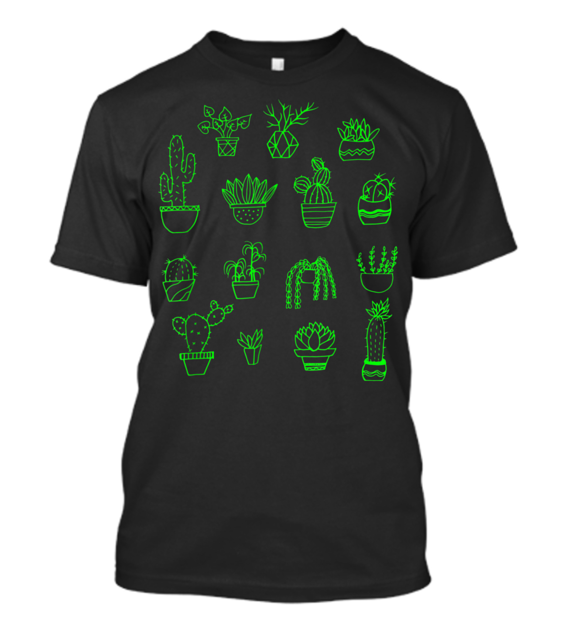 Succulent Cactus Outlined Artistic Green T-Shirt