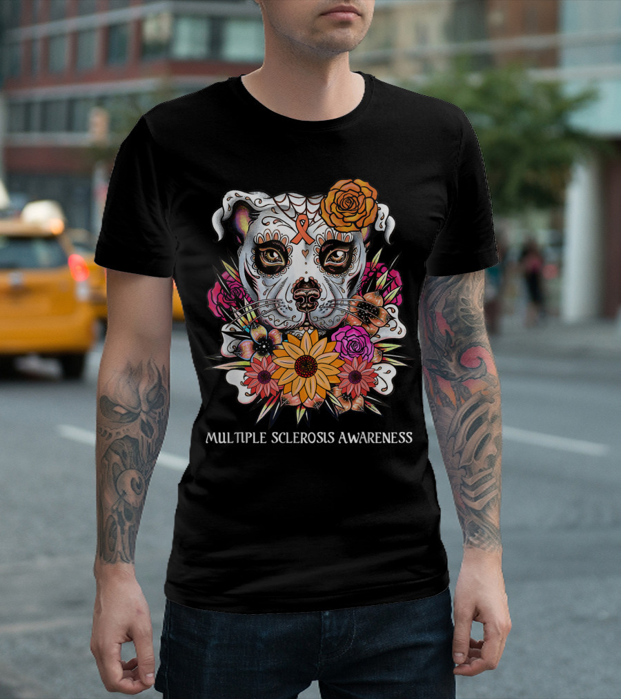 Sugar Pitbull Multiple Sclerosis Awareness Floral Ribbon T-Shirt