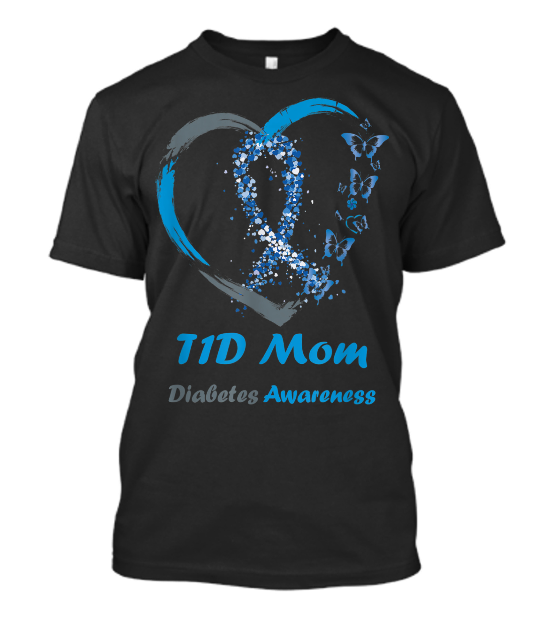 T1D Mom Blue Ribbon Butterfly Heart Diabetes Awareness T-Shirt