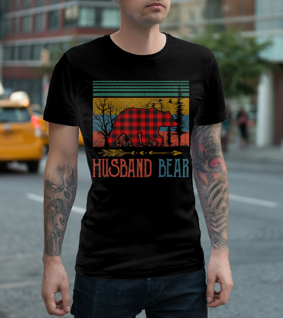 Vintage Retro Red Plaid Husband Bear Buffalo Christmas T-Shirt