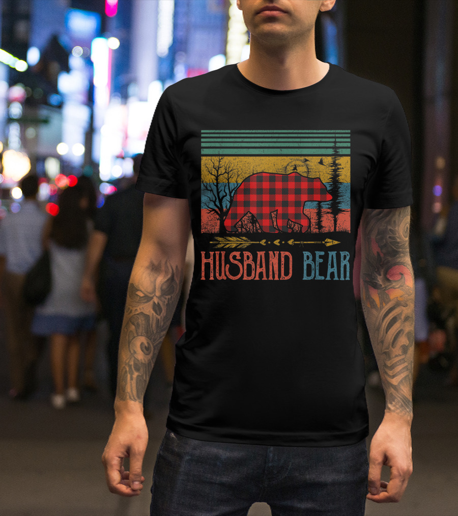 Vintage Retro Red Plaid Husband Bear Buffalo Christmas T-Shirt