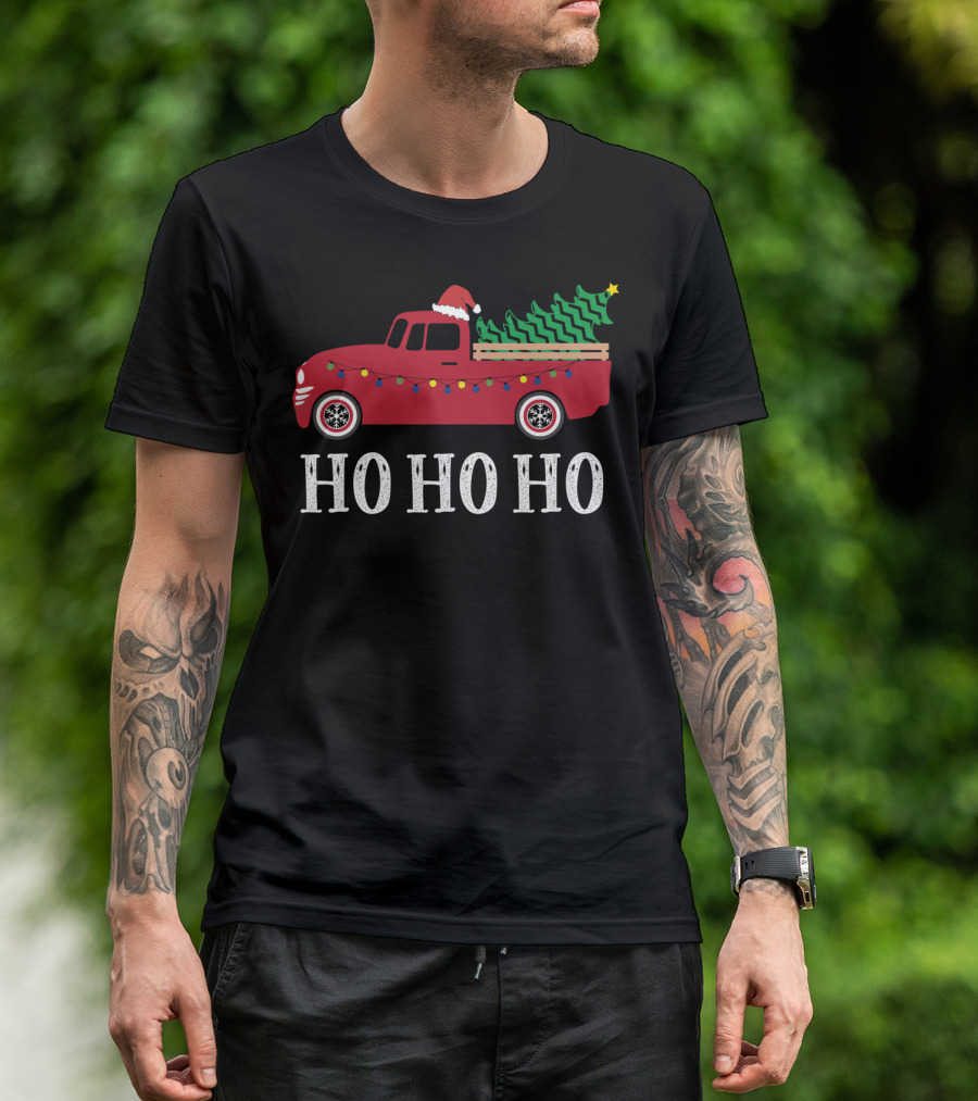 Ho Ho Ho Vintage Red Truck With Santa Hat And Christmas Tree T-Shirt