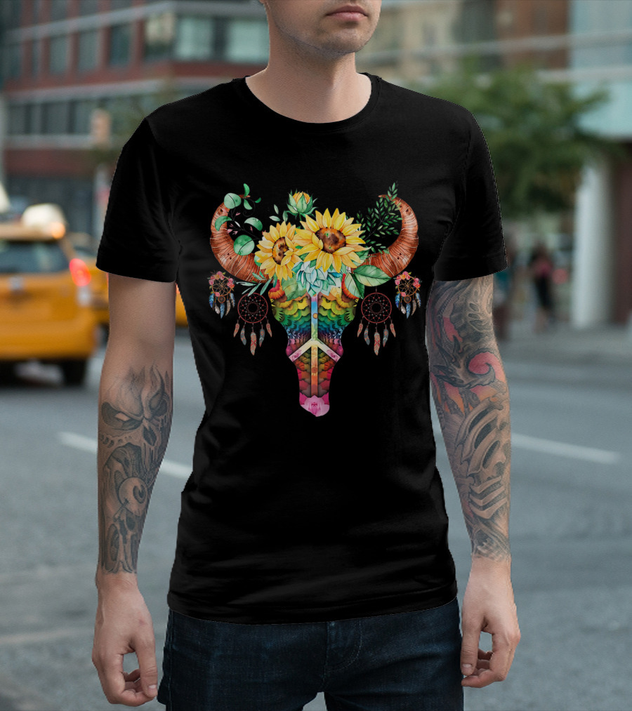 Boho Leopard Rainbow Cow Skull Sunflower Dreamcatcher T-Shirt