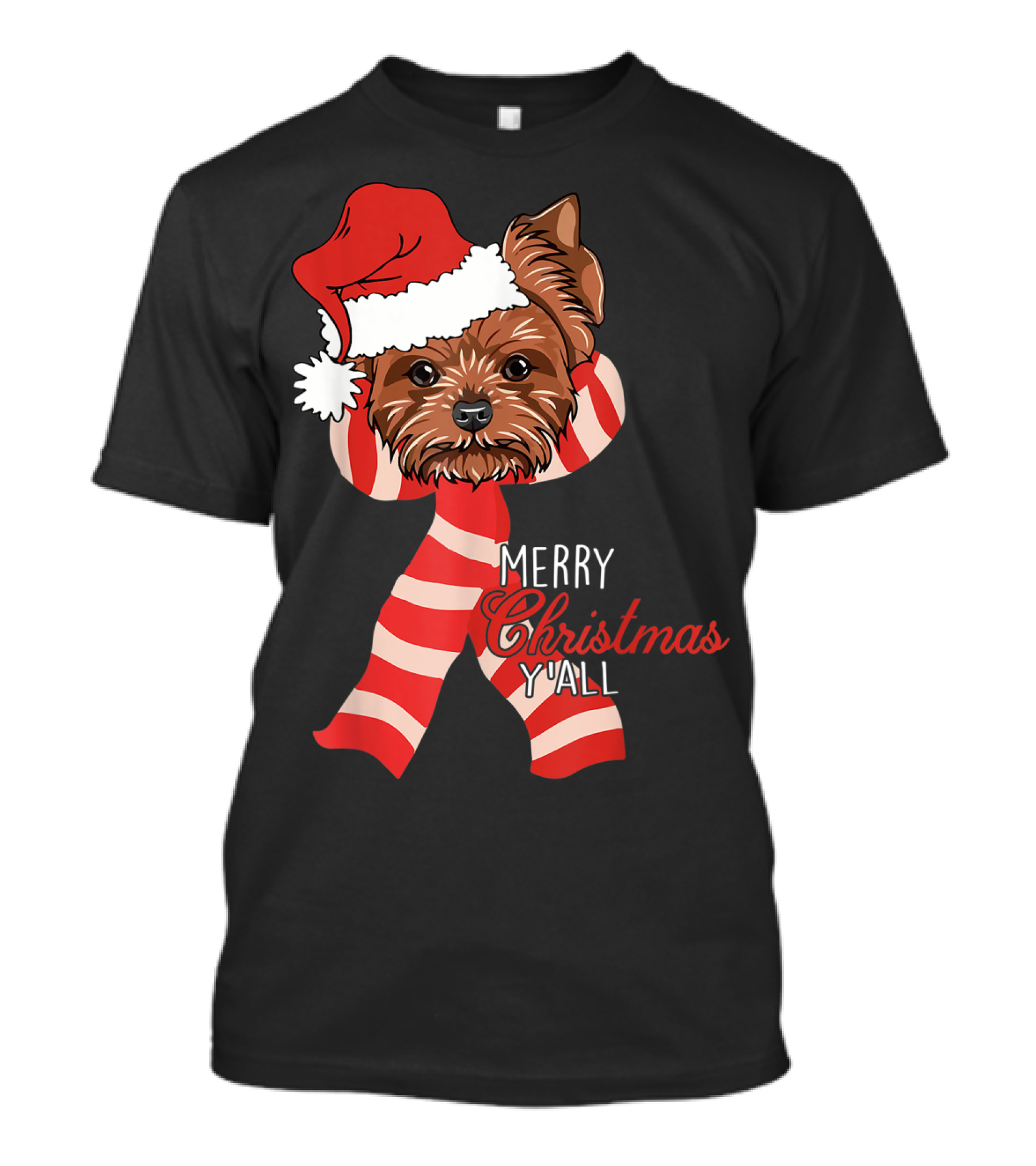 Yorkie Dog Merry Christmas Y'all Santa Hat And Scarf T-Shirt