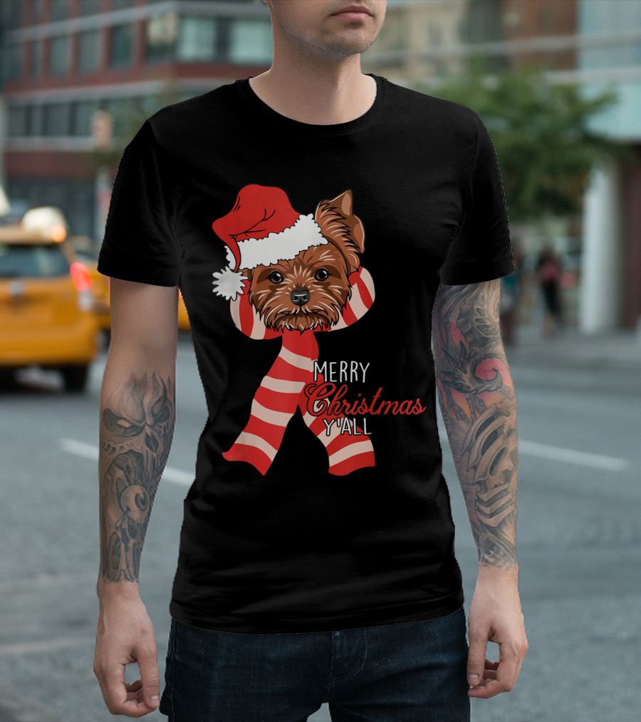 Yorkie Dog Merry Christmas Y'all Santa Hat And Scarf T-Shirt