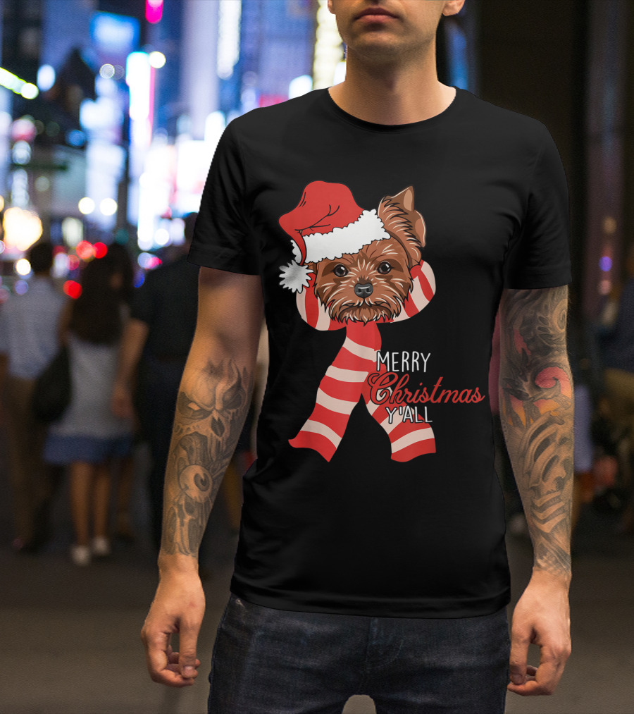Yorkie Dog Merry Christmas Y'all Santa Hat And Scarf T-Shirt