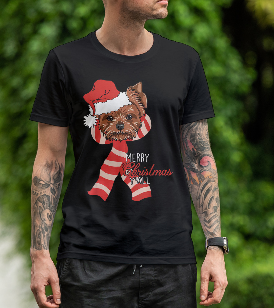 Yorkie Dog Merry Christmas Y'all Santa Hat And Scarf T-Shirt