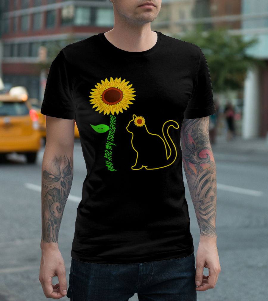 You Are My Sunshine Sunflower and Cat Silhouette with Papillon Accents T-Shirt