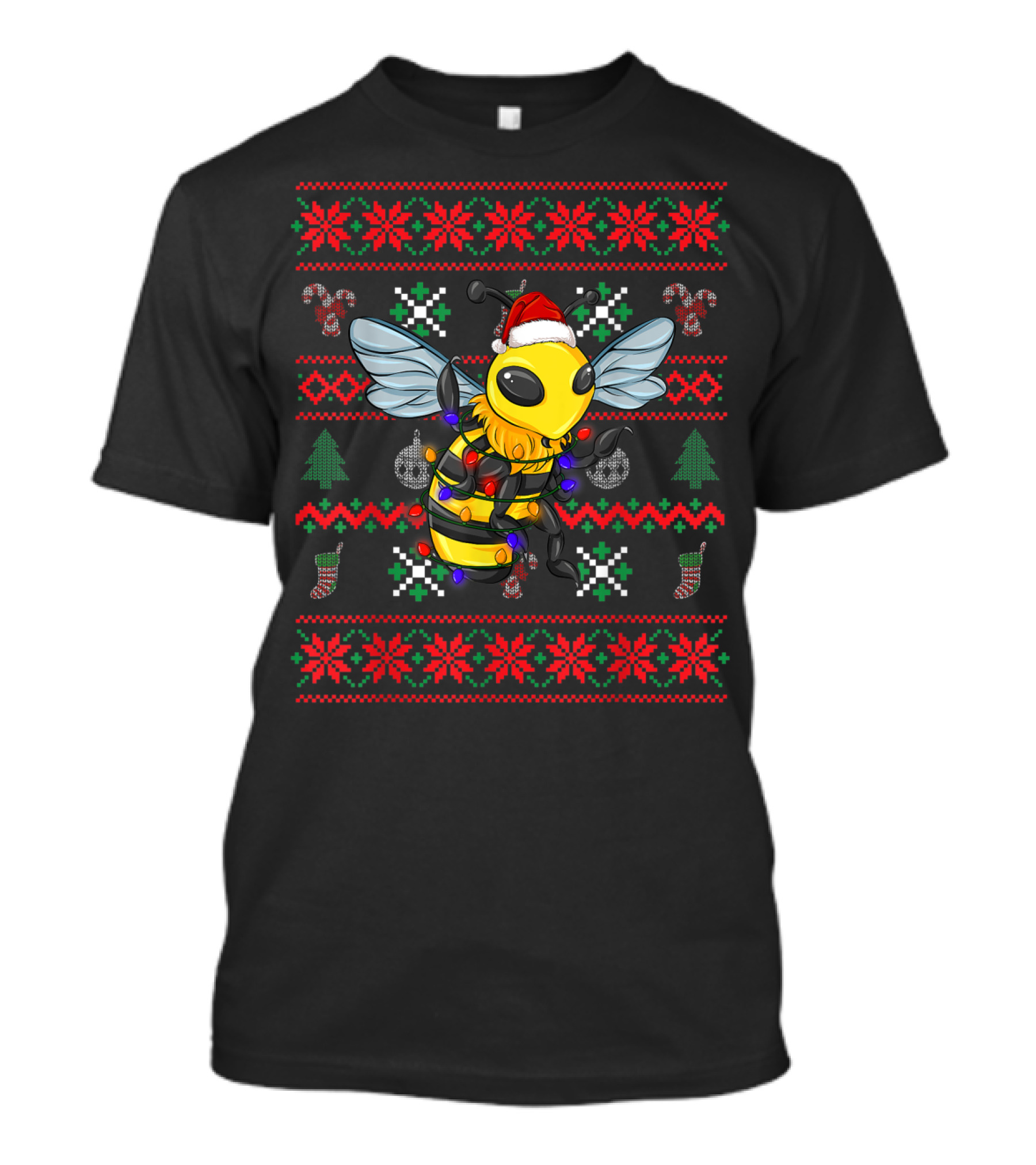 Bee Santa Hat Ugly Christmas Lights Candy Canes Holiday T-Shirt
