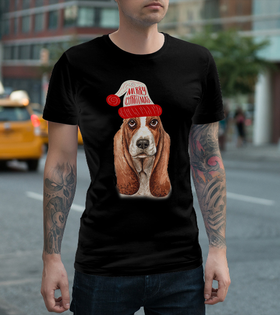 Merry Christmas Basset Hound Black Base Dog Holiday T-Shirt