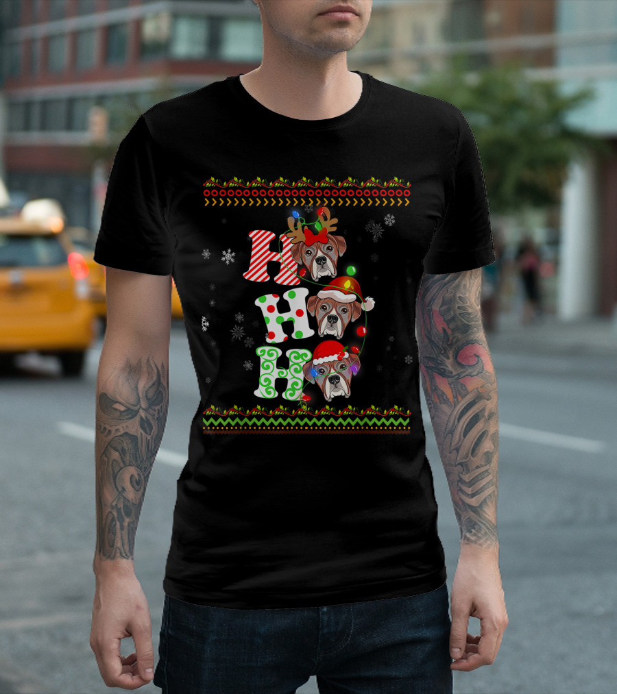 Boxer Dog Santa Hat Reindeer Christmas Ho Ho Lights T-Shirt
