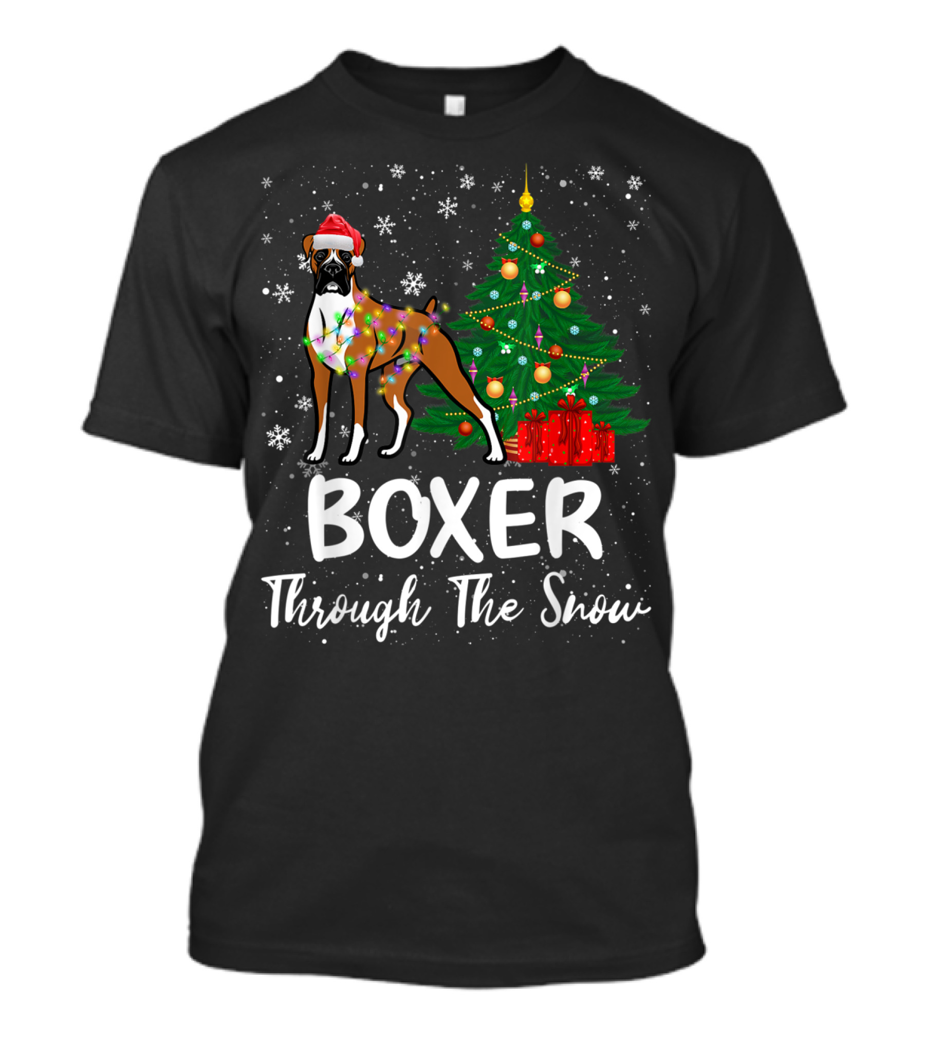 Boxer Through The Snow Christmas Dog Holiday Tree Santa Hat T-Shirt