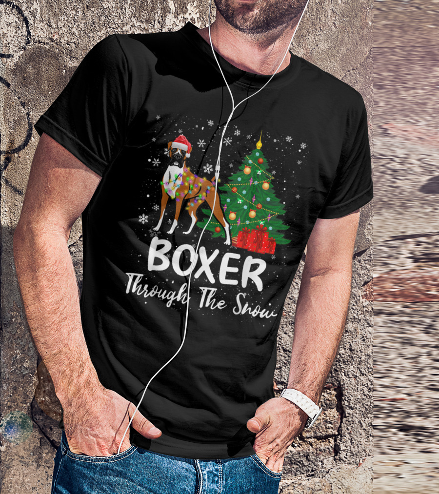 Boxer Through The Snow Christmas Dog Holiday Tree Santa Hat T-Shirt