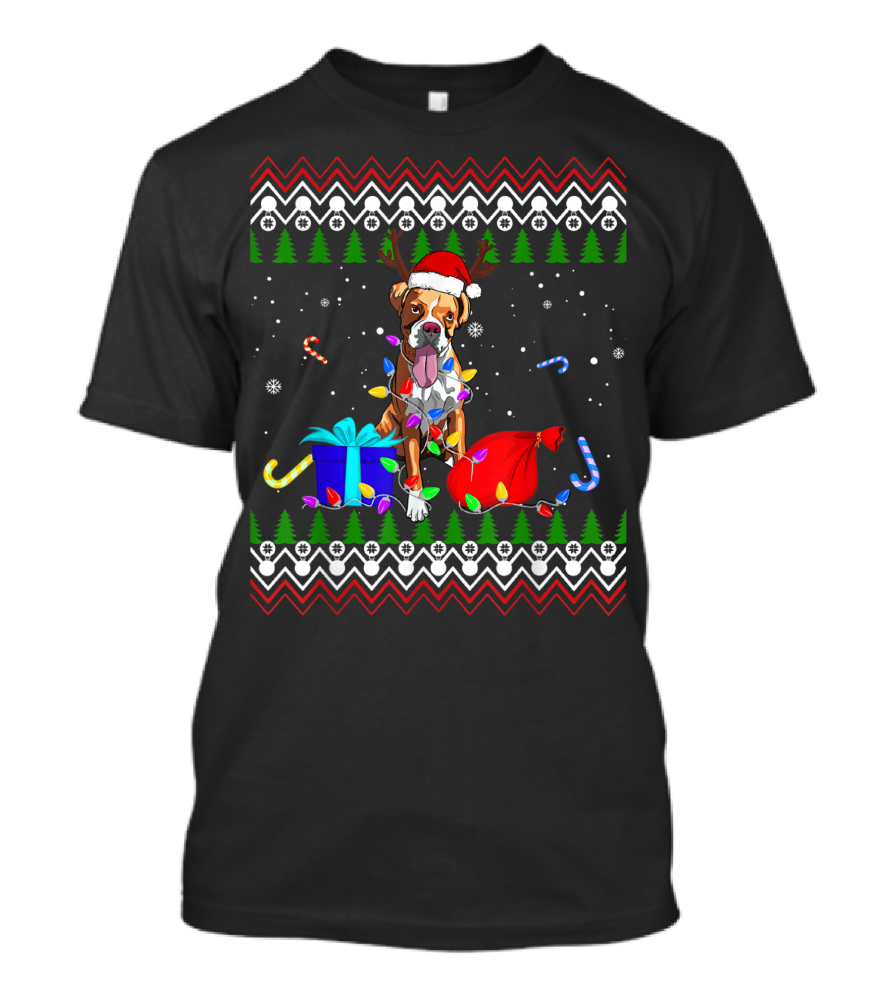 Boxer Dog Christmas Tree Lights Festive Ugly T-Shirt