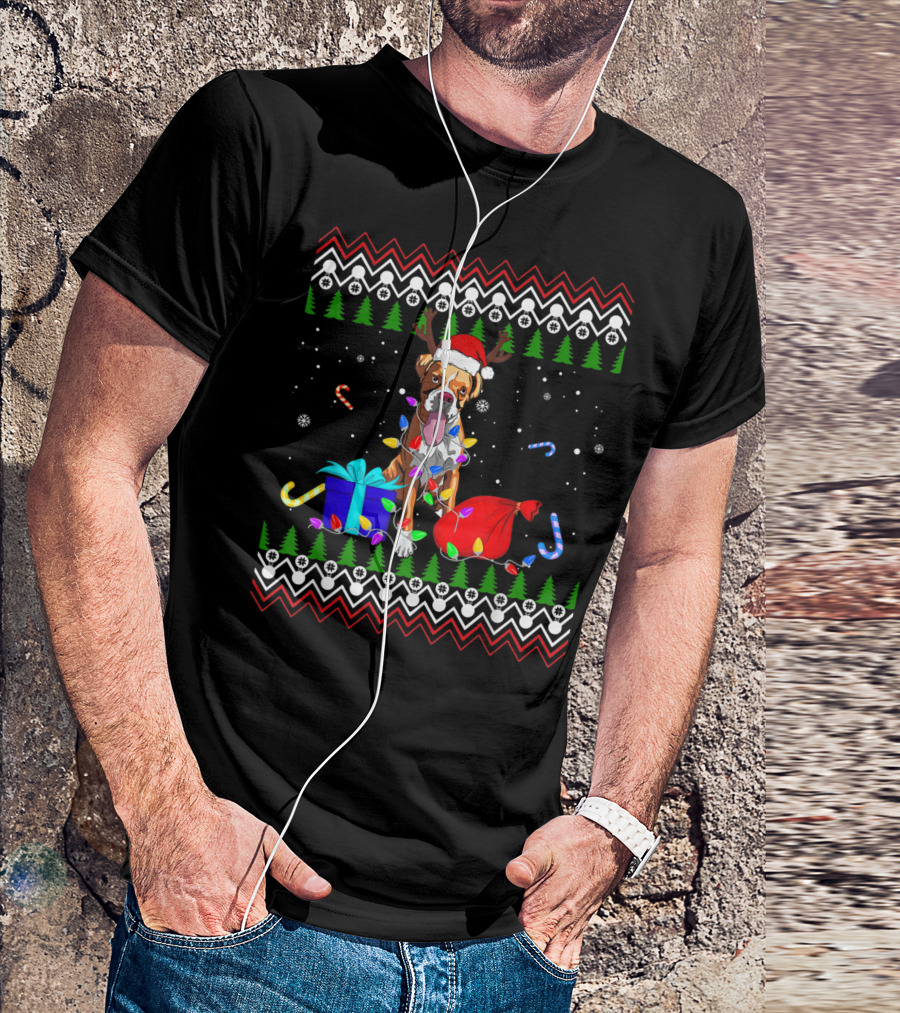 Boxer Dog Christmas Tree Lights Festive Ugly T-Shirt