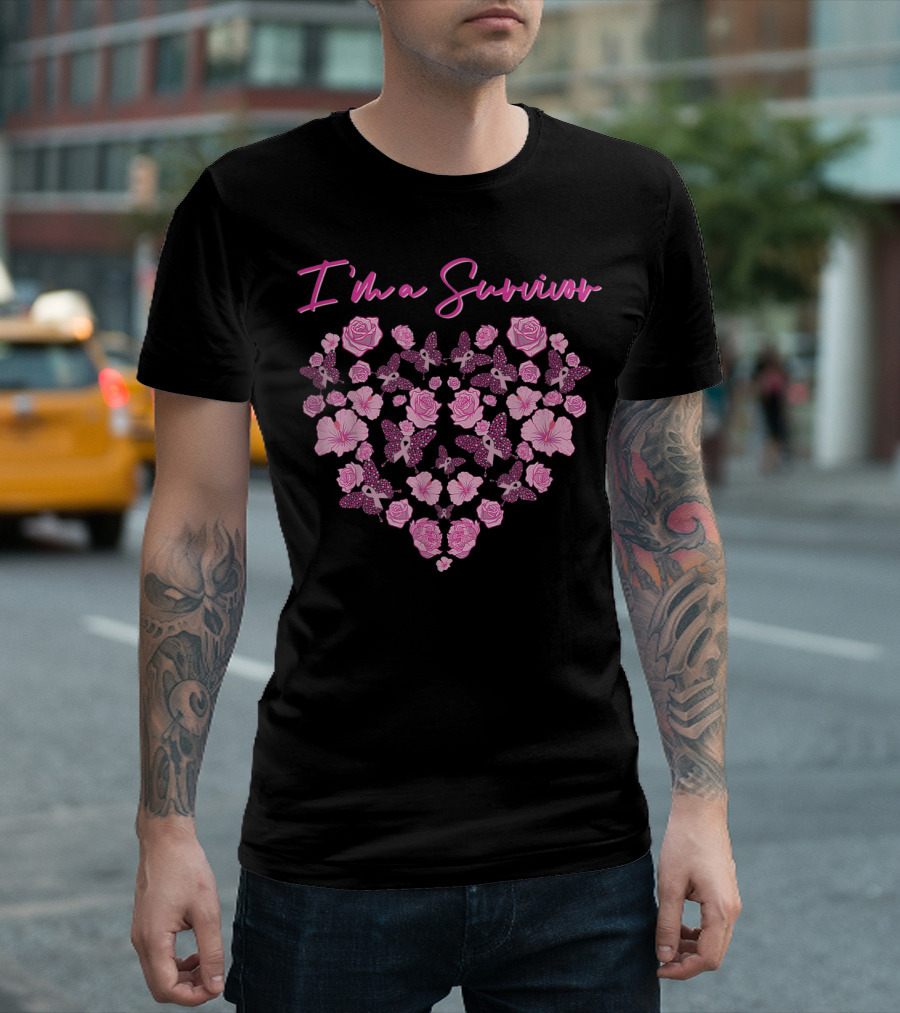 I'm A Survivor Heart Pink Ribbon Flowers Butterflies T-Shirt
