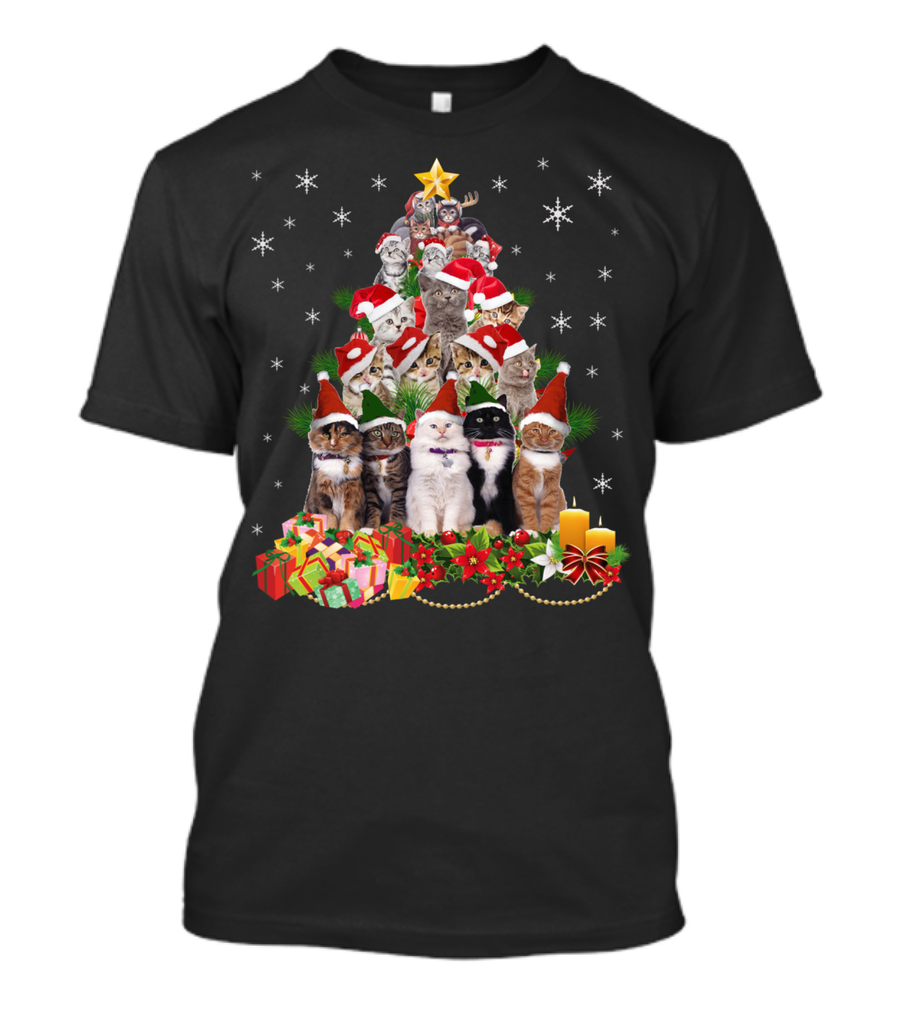 Meowy Christmas Tree Cats With Santa Hats And Presents T-Shirt