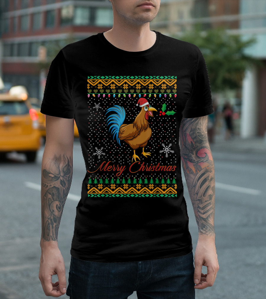 Merry Christmas Chicken Ugly Sweater Santa Hat Snowflakes Lights T-Shirt