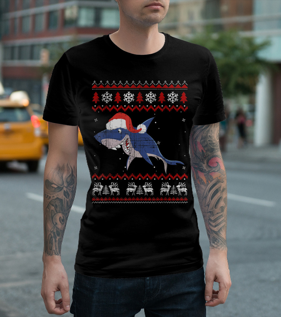 Christmas Shark in Santa Hat Ugly T-Shirt