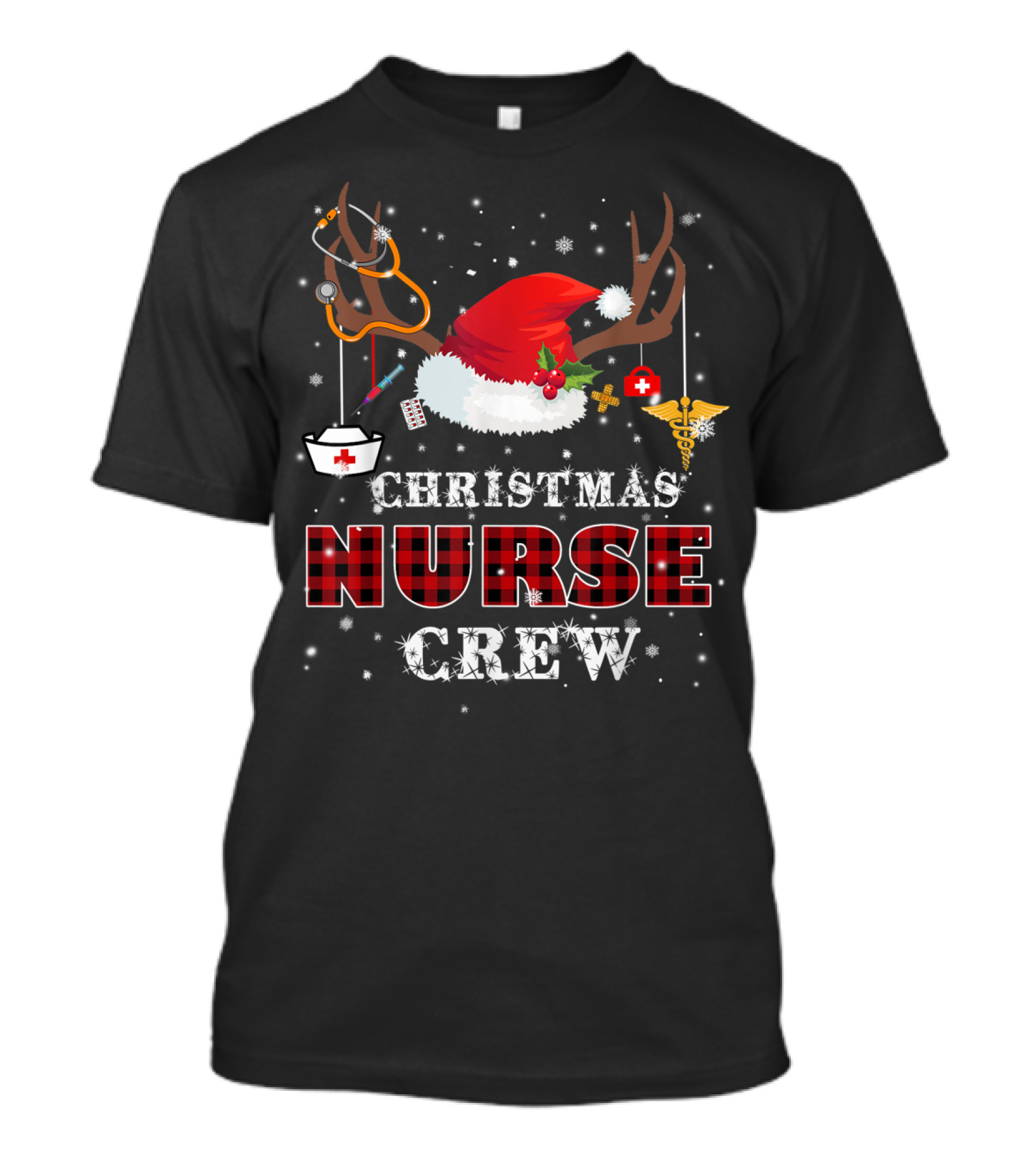 Christmas Nurse Crew Reindeer Antlers Santa Hat Stethoscope T-Shirt