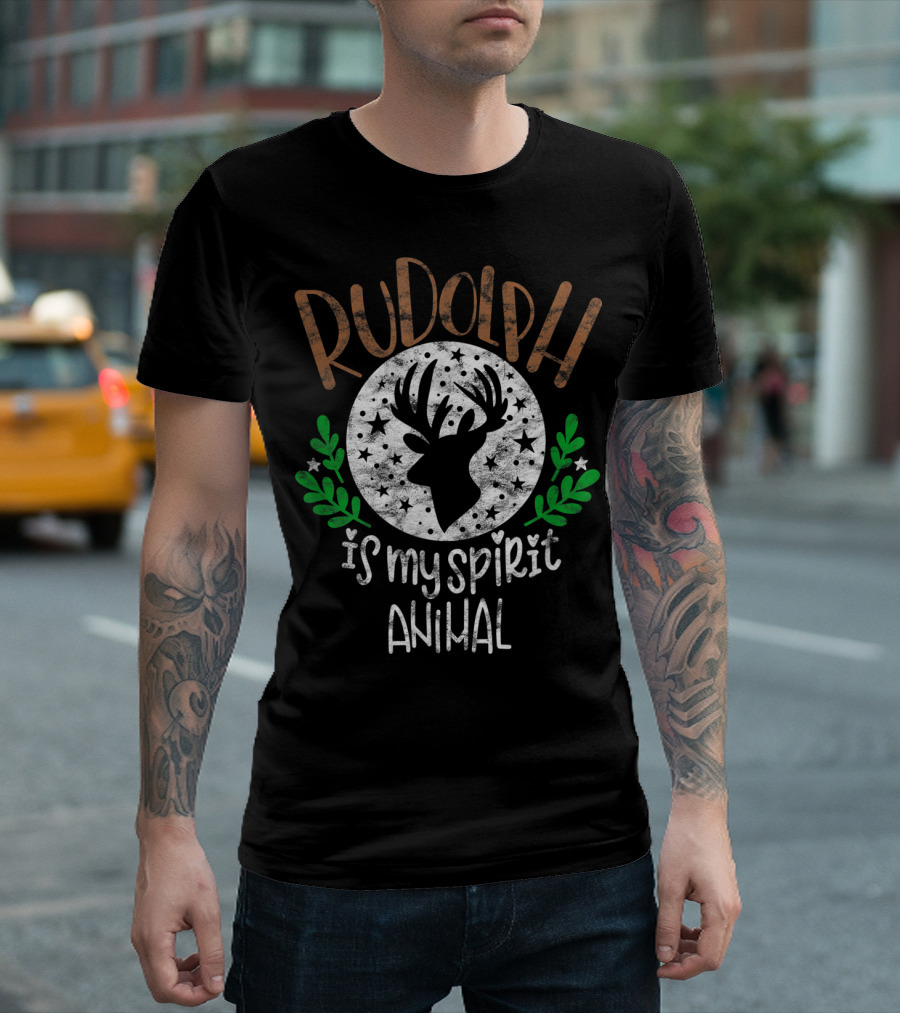Rudolph Is My Spirit Animal Christmas Reindeer Silhouette with Stars and Green Leaves T-Shirt