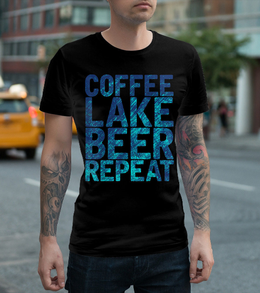 Coffee Lake Beer Repeat Distressed Blue Text T-Shirt