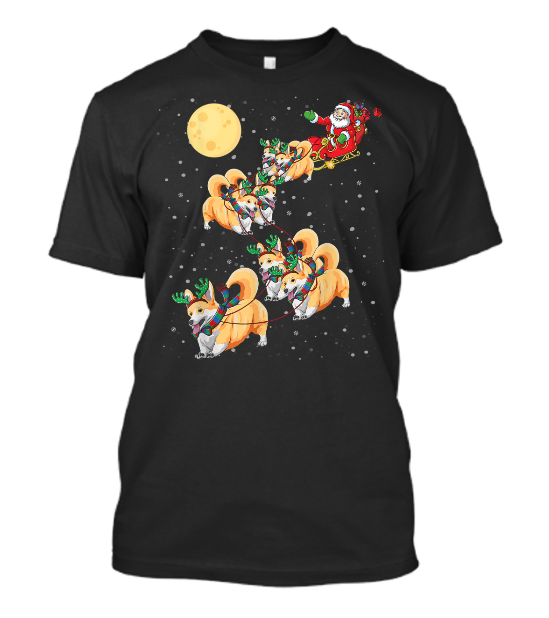 Santa And Corgi Sleigh Under Full Moon Christmas Night T-Shirt