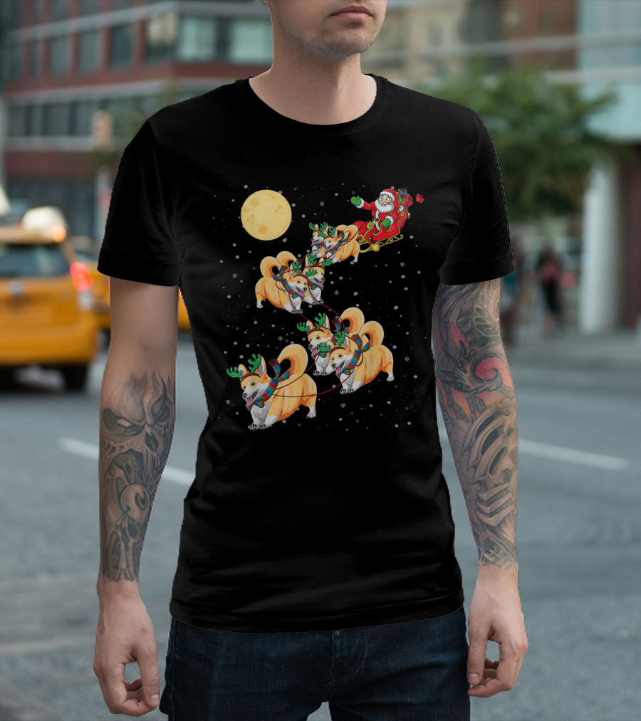 Santa And Corgi Sleigh Under Full Moon Christmas Night T-Shirt
