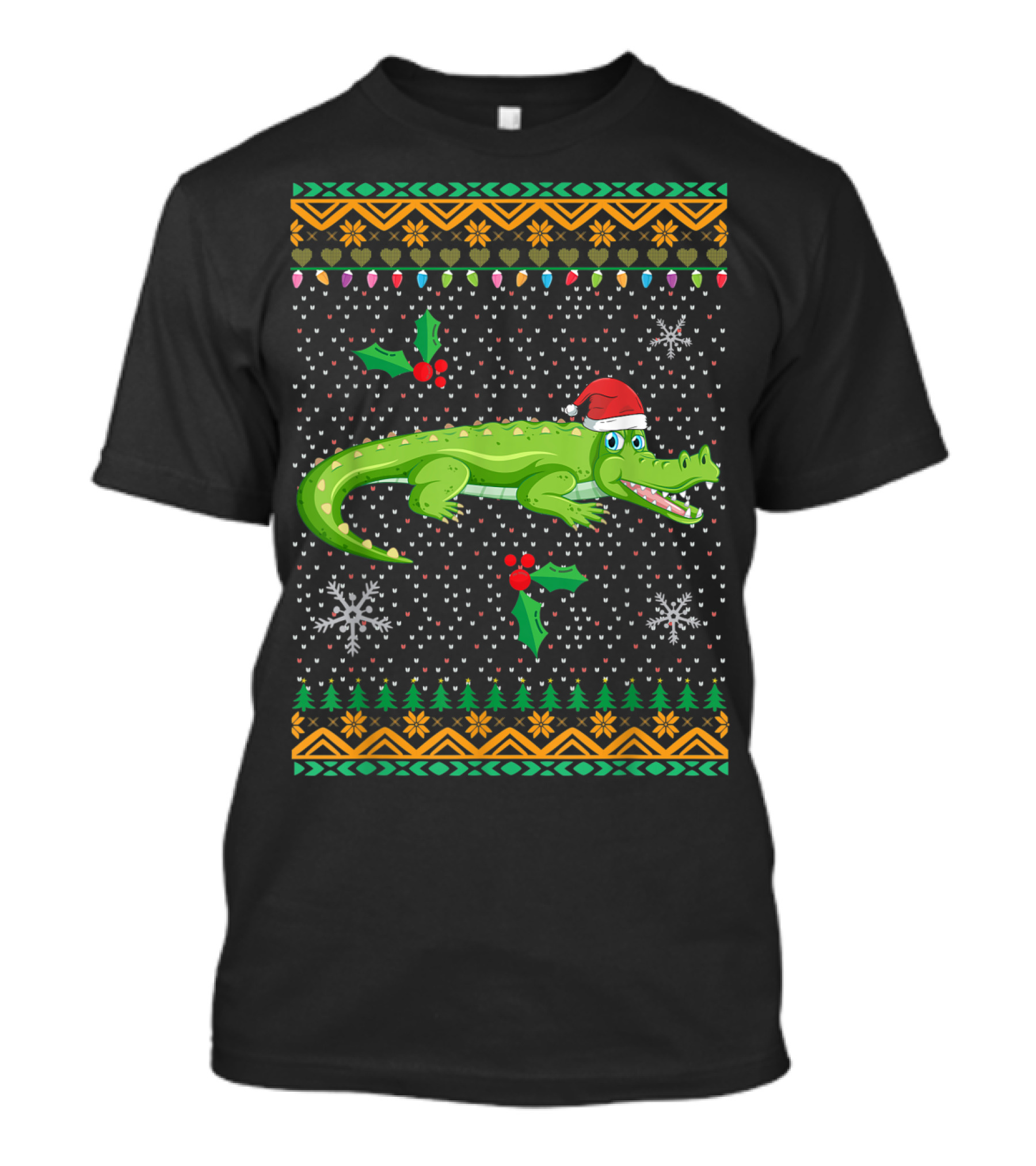 Crocodile Santa Ugly Christmas Pattern With Snowflakes And Holly T-Shirt