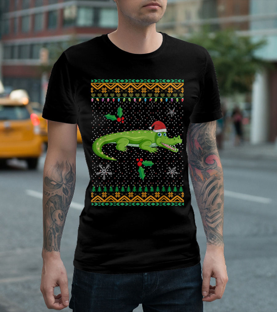 Crocodile Santa Ugly Christmas Pattern With Snowflakes And Holly T-Shirt