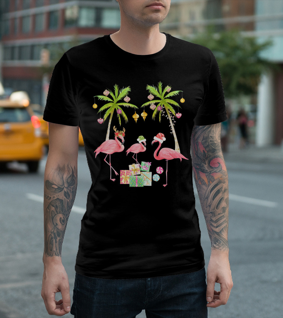 Cute Fa La La La Mingo Christmas Flamingo Hawaiian Palm Trees Holiday Ornaments T-Shirt