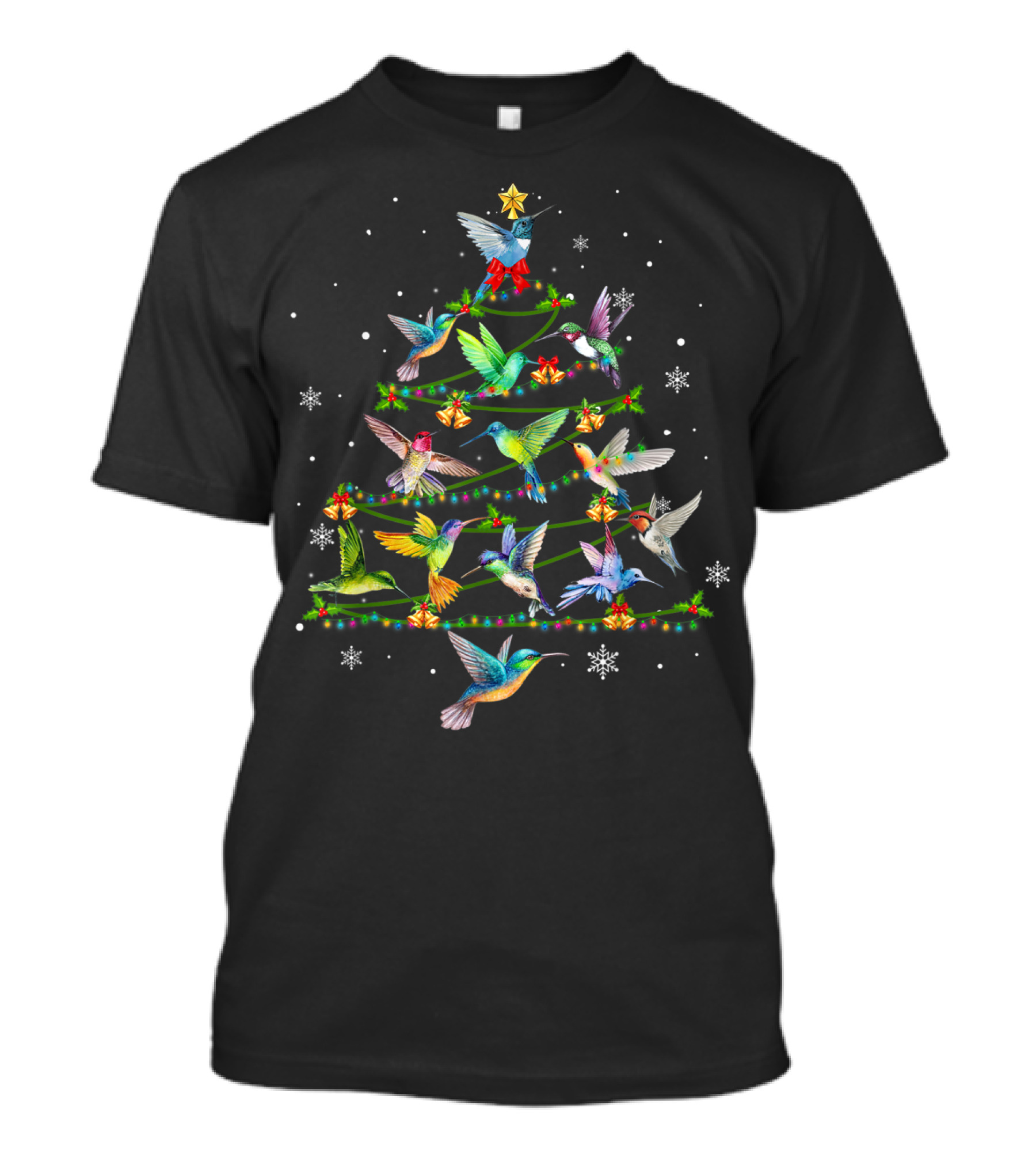 Colorful Hummingbird Christmas Tree With Snowflakes And Star T-Shirt