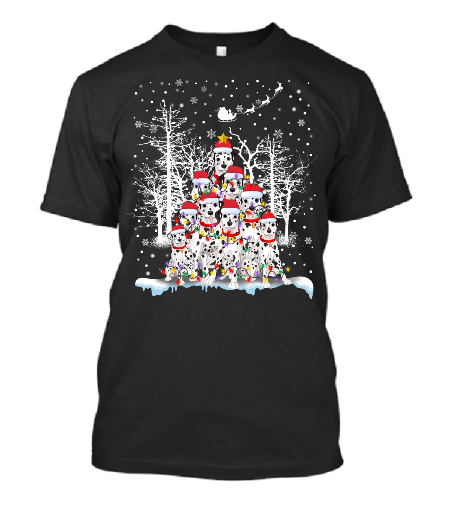 Dalmatian Christmas Tree With Santa Hats And Snowflakes T-Shirt