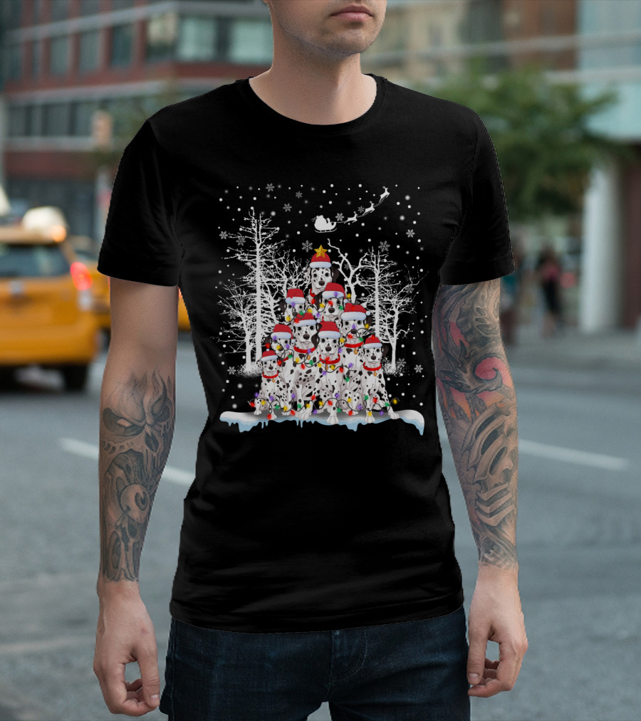 Dalmatian Christmas Tree With Santa Hats And Snowflakes T-Shirt