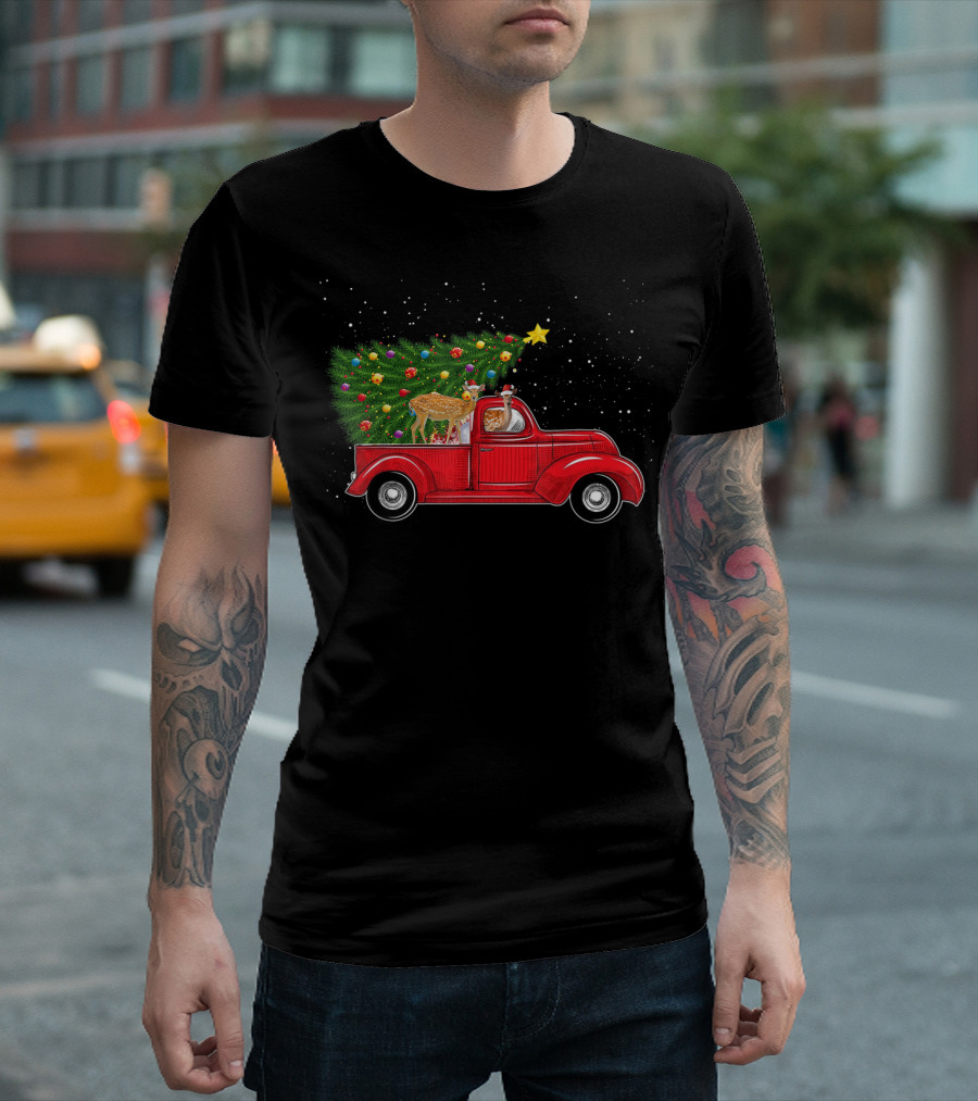 Deer Christmas Journey in Red Truck with Festive Xmas Tree and Star T-Shirt