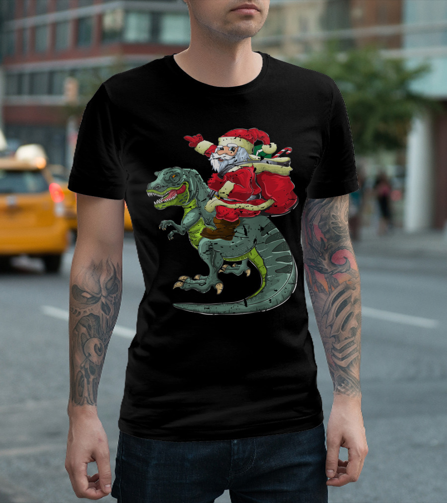 Dinosaur Santa Riding T-Rex Christmas Boys Men Xmas T-Shirt