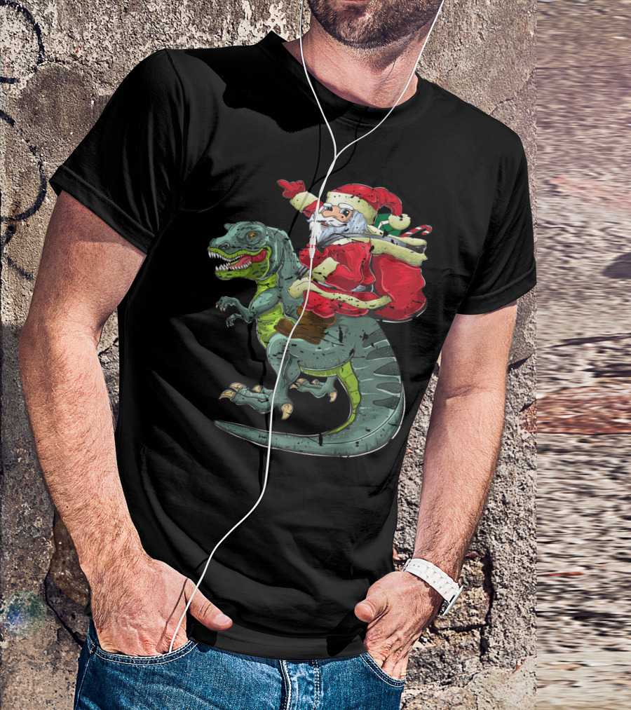 Dinosaur Santa Riding T-Rex Christmas Boys Men Xmas T-Shirt