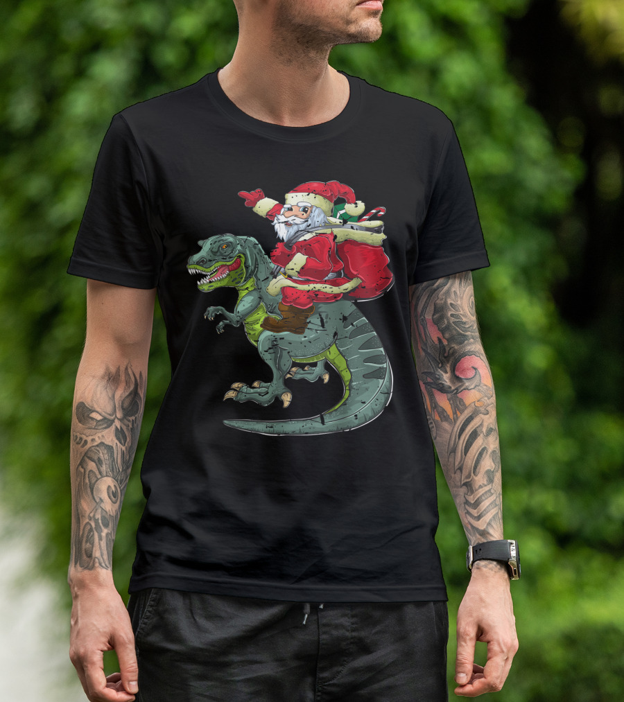 Dinosaur Santa Riding T-Rex Christmas Boys Men Xmas T-Shirt
