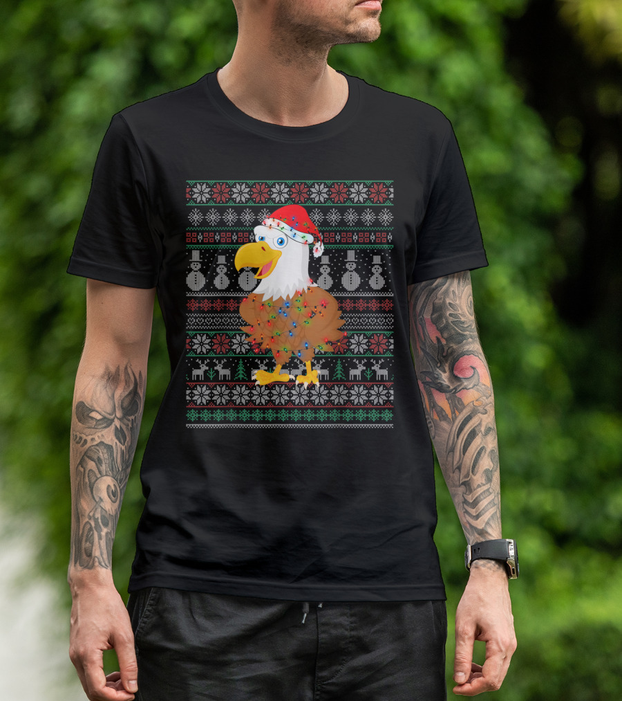 Eagle Ugly Christmas Sweater Santa Hat Snowmen Reindeer Lights T-Shirt