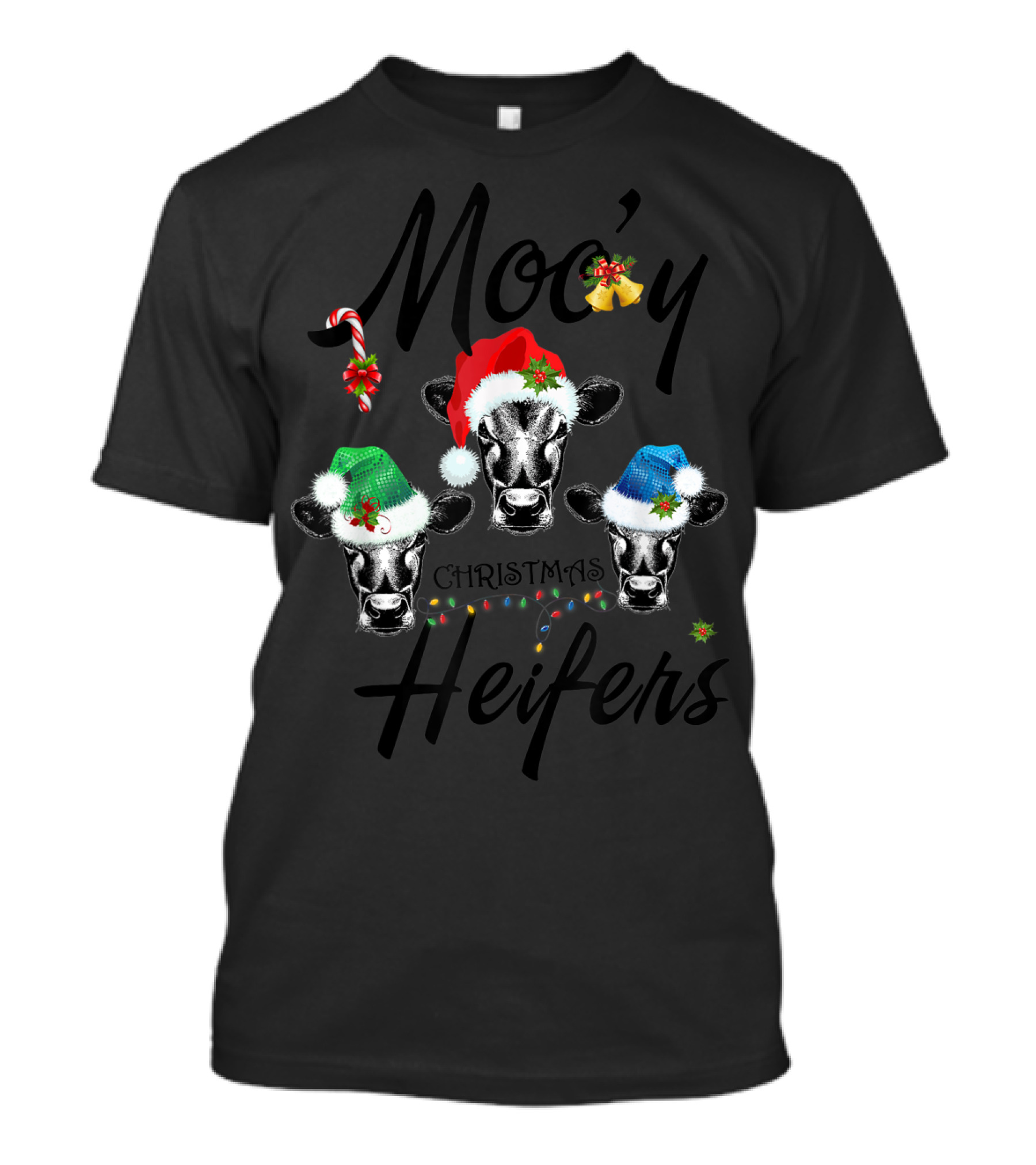 Moo'y Christmas Heifers Candy Cane Santa Hats Holiday Cows T-Shirt