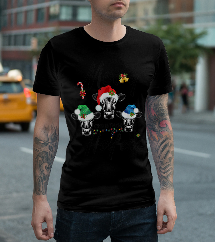 Moo'y Christmas Heifers Candy Cane Santa Hats Holiday Cows T-Shirt
