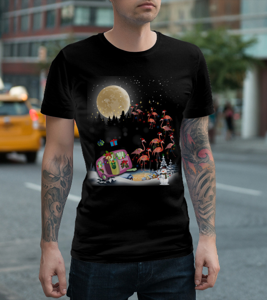 Flamingo Santa Christmas Camper Under Moonlit Snowy Night T-Shirt
