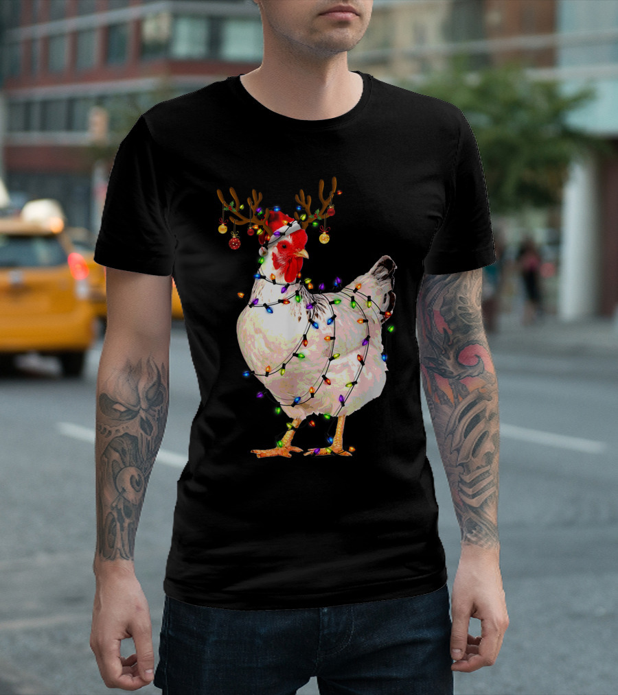 Funny Chicken Christmas Reindeer Lights T-Shirt