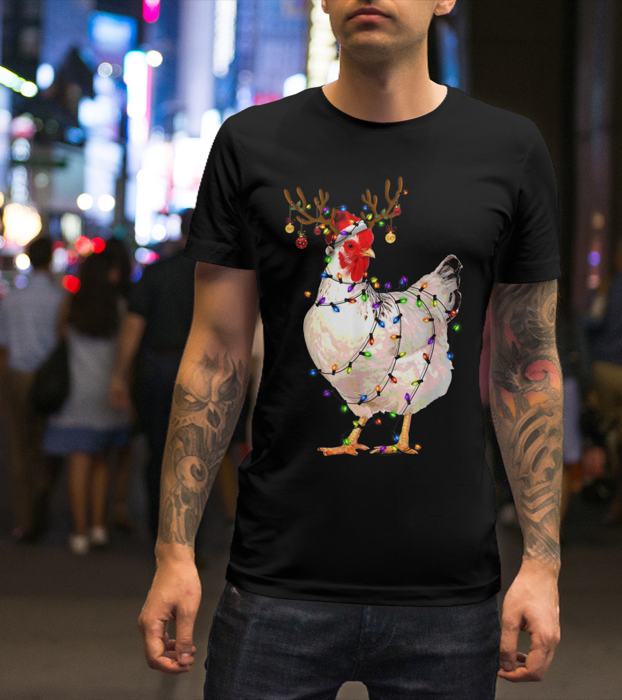 Funny Chicken Christmas Reindeer Lights T-Shirt