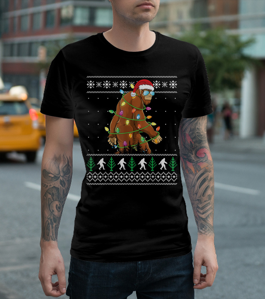 Funny Christmas Bigfoot with Santa Hat and Holiday Lights T-Shirt